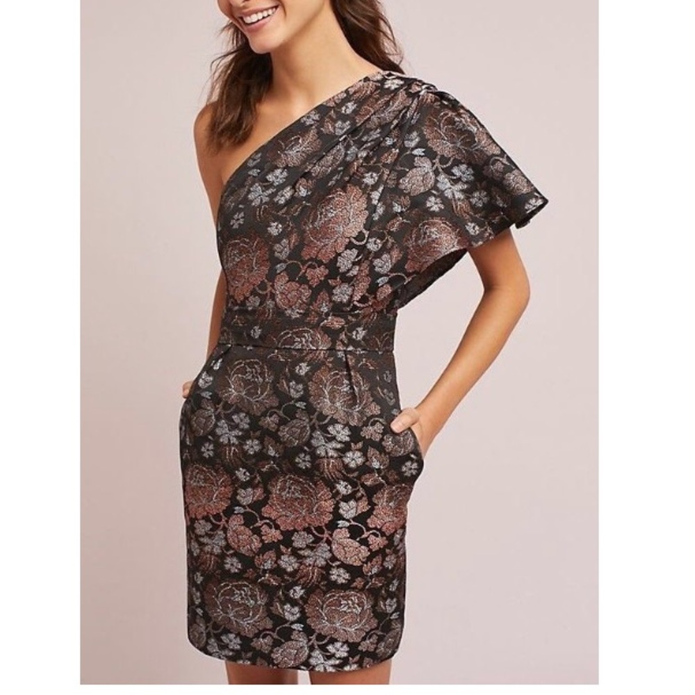 Monique Lhuillier One-Shoulder Black Metallic Floral Dress